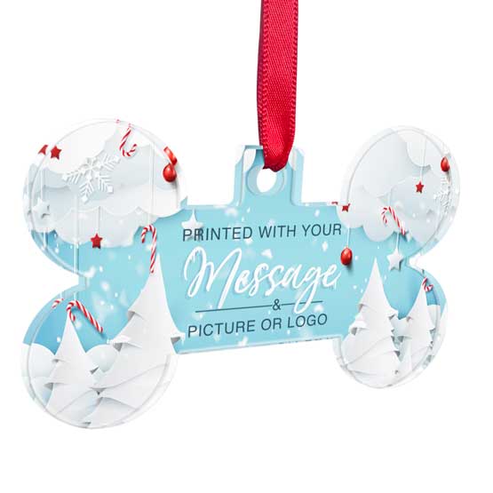 Custom Bone Shaped Acrylic Ornament With Red Ribbon And Full Color Festive Artwork Showing Customizable Areas