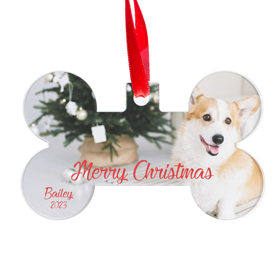 Custom Bone Shaped Acrylic Ornament With Red Ribbon And Full Color Dog Photo Featuring Merry Christmas Message And Date