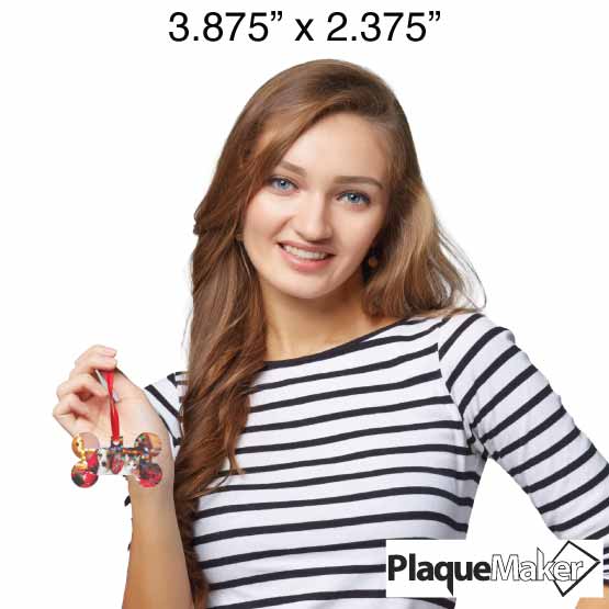 Size Guide With Woman Holding Up Custom Bone Shaped Acrylic Ornament With Red Ribbon And Full Color Festive Photo Of Pets