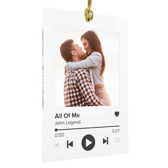 Custom Acrylic Ornament With Gold String And Music Album Design Featuring Couple Photo And Song Details