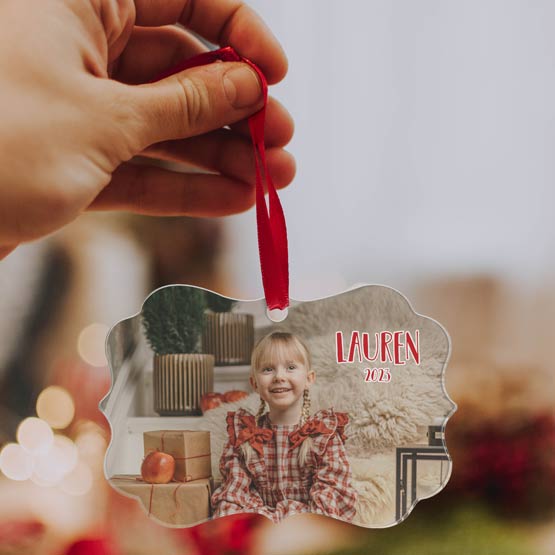 Custom Ornate Acrylic Ornament With Red Ribbon And Full Color Photo Of Little Blonde Girl At Christmas With Name And Date