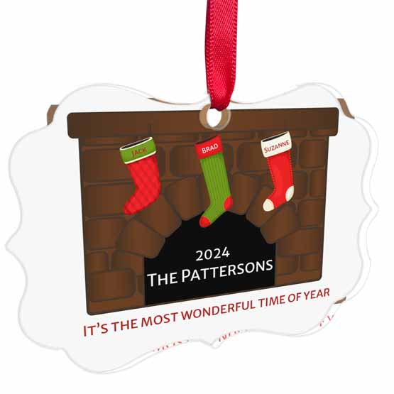 Custom Ornate Acrylic Ornament With Red Ribbon And Customizable Artwork Of Fireplace With Stockings And Festive Text