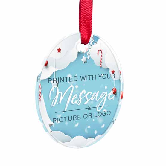 Custom Oval Acrylic Ornament With Red Ribbon And Full Color Festive Artwork Showing Customizable Areas