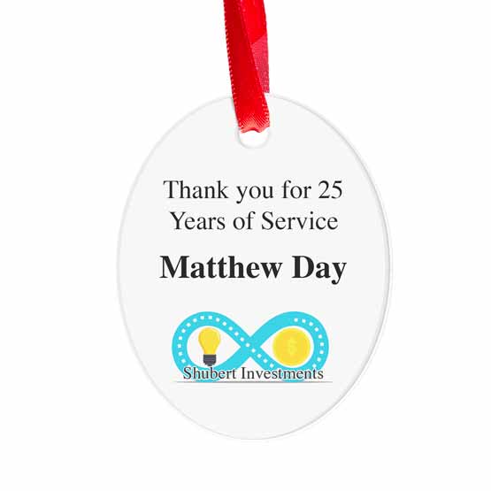 Custom Oval Acrylic Ornament With Red Ribbon And Full Color Company Logo And Thank You Message For Years Of Service