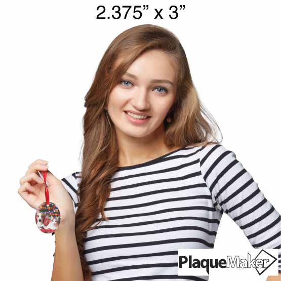 Size Guide With Woman Holding Custom Oval Acrylic Ornament With Red Ribbon And Full Color Photo Of Dog And Cat