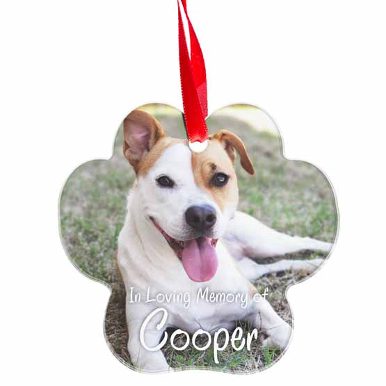 Custom Paw Shaped Acrylic Ornament With Red Ribbon And Full Color Photo Of Dog With Memorial Message