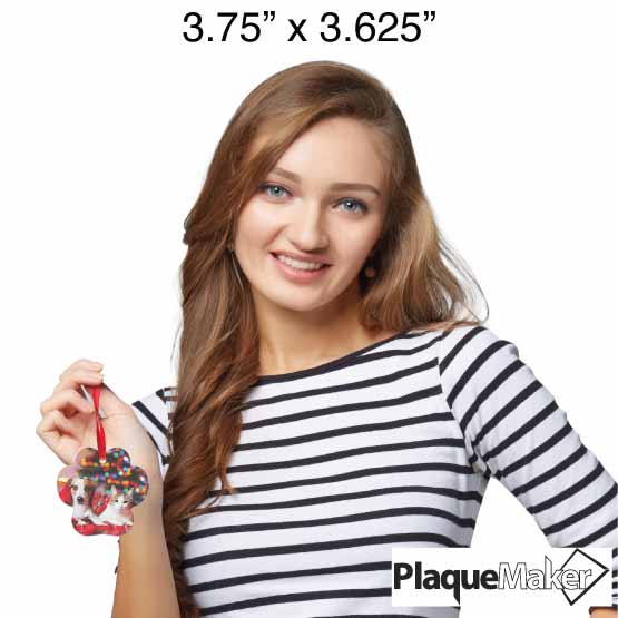 Size Guide With Woman Holding Custom Paw Shaped Acrylic Ornament With Red Ribbon And Full Color Festive Photo Of Pets