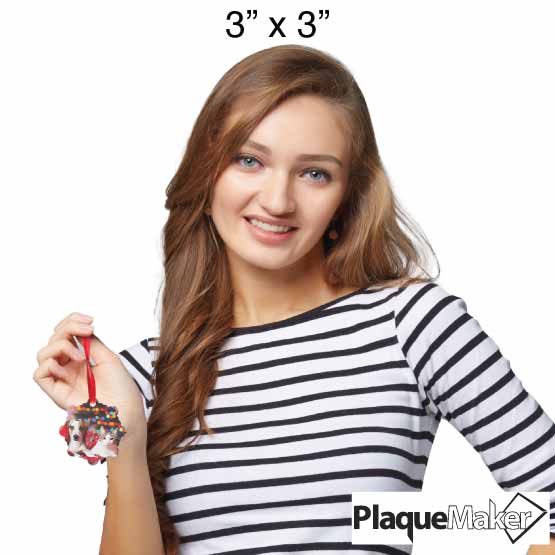 Size Guide With Woman Holding Custom Snowflake Shaped Acrylic Ornament With Red Ribbon And Full Color Photo Of Pets