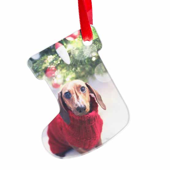 Custom Stocking Shaped Acrylic Ornament With Red Ribbon And Full Color Photo Of Small Dog Near Christmas Tree