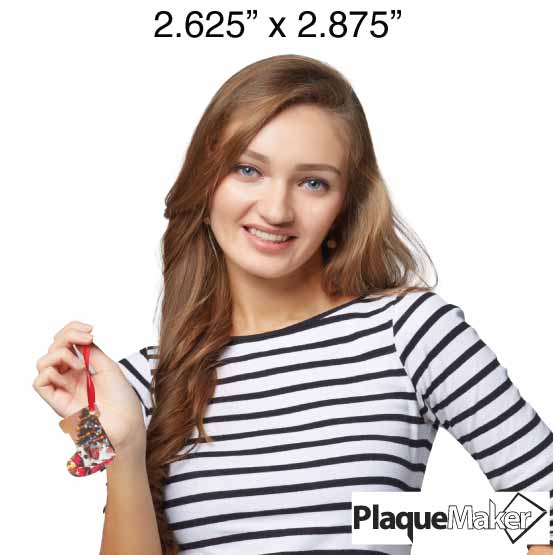 Size Guide With Woman Holding Custom Stocking Shaped Acrylic Ornament With Red Ribbon And Full Color Festive Photo Of Dog