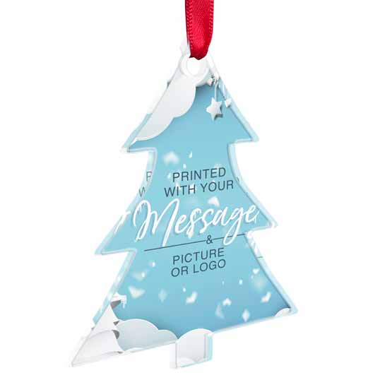 Custom Christmas Tree Shaped Acrylic Ornament With Red Ribbon And Full Color Snowy Artwork Showing Customizable Areas
