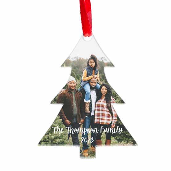 Custom Christmas Tree Shaped Acrylic Ornament With Red Ribbon And Full Color Photo Of Family In Christmas Tree Lot