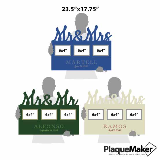 Size Guide With Blank Figures Holding Three Sizes Of Black Acrylic Sign With Marriage Title Cutouts And Three Picture Frames