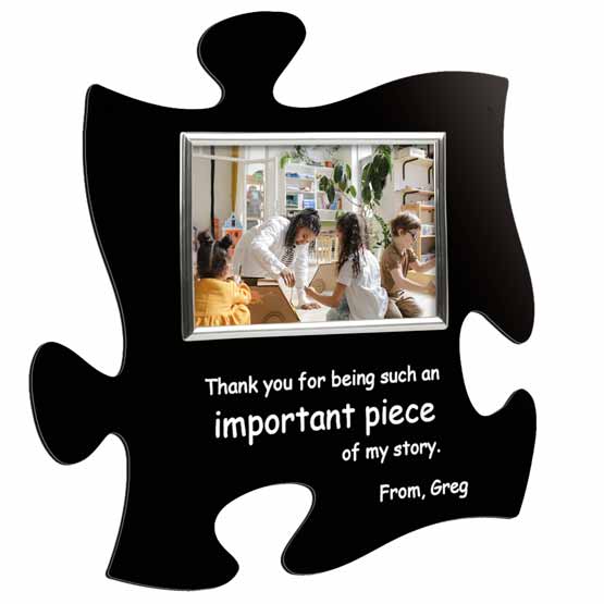 Custom Black Acrylic Puzzle Piece Sign With Silver Picture Frame And Kids Classroom Photo And Teacher Appreciation Message