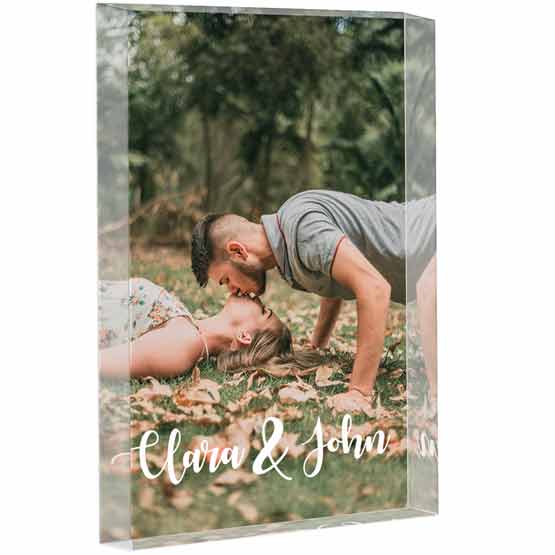 Custom Rectangle Clear Acrylic Keepsake With Full Color Photo Of Couple Kissing In A Backyard With Couple Names