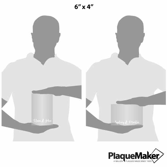 Size Guide With Blank Figures Holding Two Sizes Of Custom Rectangle Clear Acrylic Keepsakes With Couple Names