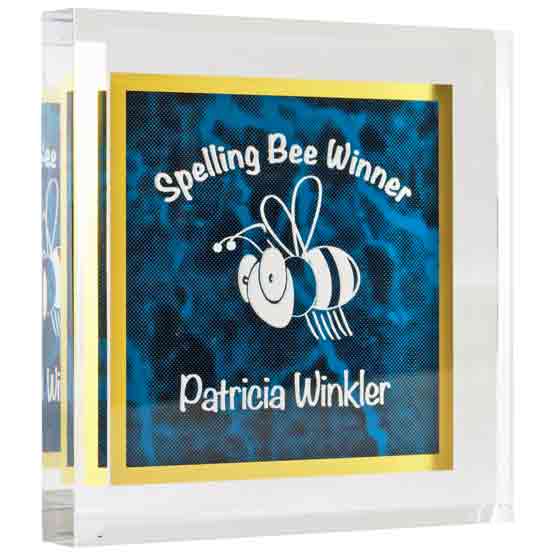 Custom Blue And Gold And Clear Acrylic Paperweight Award For Spelling Bee Winner With Cute Bee Artwork And Name