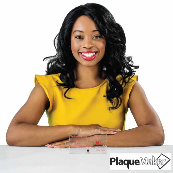 Size Guide With Happy Woman Holding Custom Puzzle Piece Shaped Acrylic Sign With Teacher Appreciation Message And Silver Pin