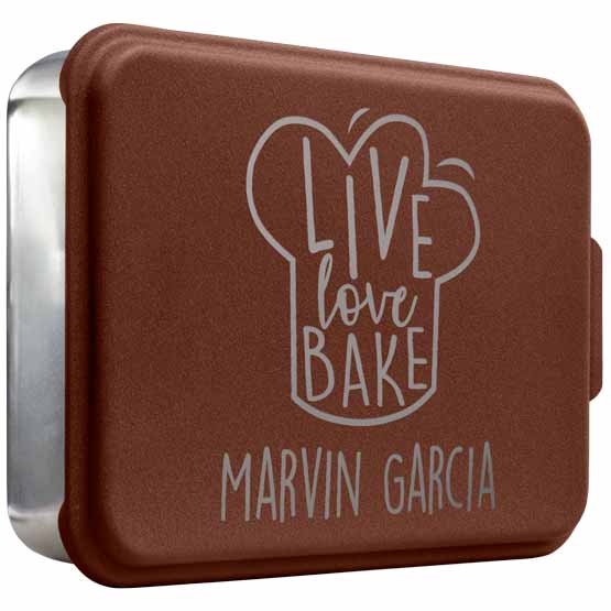 Custom Aluminum Cake Pan With Rectangle Shape And Copper Lid With Bread Art And Live Love Bake Text And Name