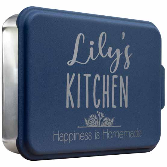 Custom Aluminum Cake Pan With Rectangle Shape And Navy Blue Lid With Flower Art And Lily’s Kitchen Happiness Is Homemade Text