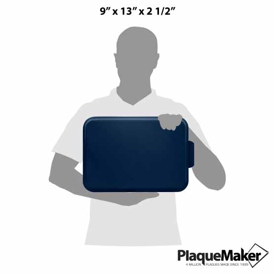 Size Guide With Blank Figure Holding Custom Aluminum Cake Pan With Rectangle Shape And Navy Blue Lid