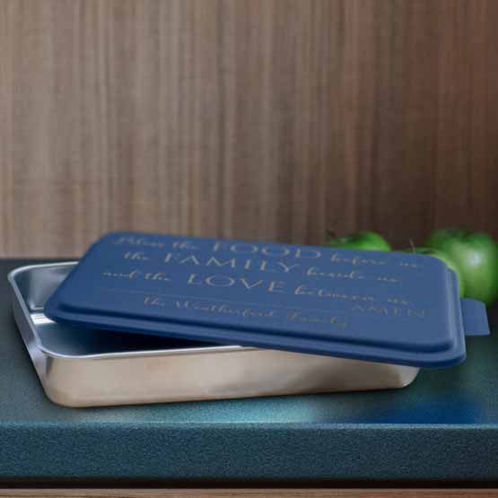 Custom Aluminum Cake Pan With Rectangle Shape And Navy Blue Lid With Religious Prayer Text On Blue Kitchen Counter