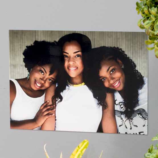 Custom Aluminum Metal Photo Print With Full Color Photo Of Three Young Women Hanging On Wall Near Tall Plants