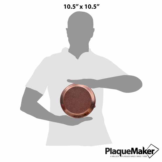 Size Guide With Blank Figure Holding A Custom Nine Inch Aluminum Pie Pan With Copper Lid Against White Background
