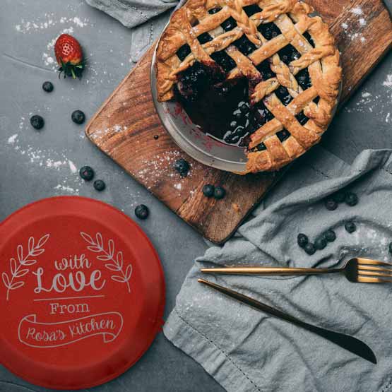 Custom Nine Inch Aluminum Pie Pan With Red Lid Featuring Name And Wheat Art On Table With Berry Pie