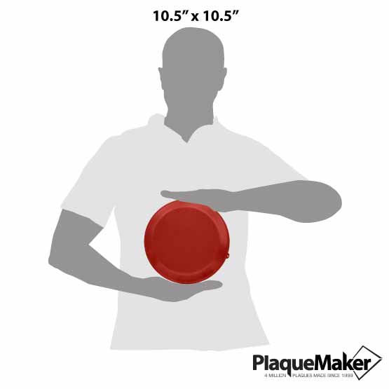 Size Guide With Blank Figure Holding Custom Nine Inch Aluminum Pie Pan With Red Lid Against A White Background