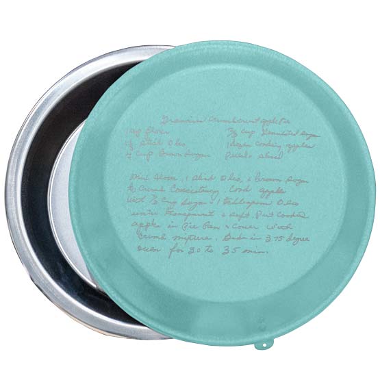 Custom Nine Inch Aluminum Pie Pan With Teal Lid Featuring Laser Engraved Recipe Against A White Background