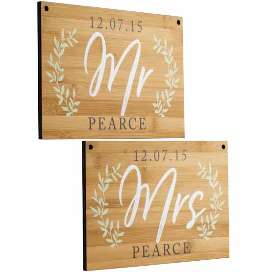 Pair Of Custom Bamboo Chair Signs With Full Color Printings Of Wheat Artwork And Mr And Mrs Pearce Text