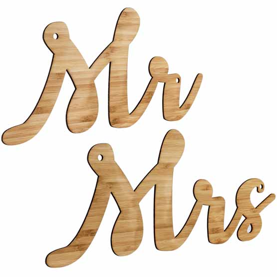 Pair Of Custom Bamboo Chair Signs Featuring Cutouts Of Mister And Missus Titles With Cursive Design