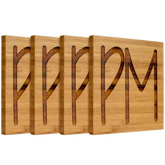 Set Of Four Custom Bamboo Coasters Featuring Laser Engraved P And M Letters Against A White Background