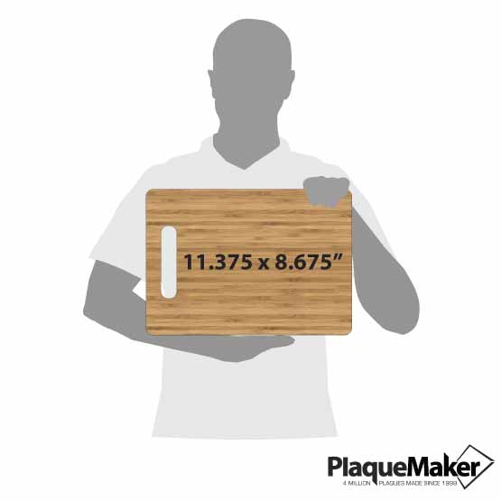 Size Guide With Blank Figure Holding Custom Bamboo Cutting Board And Showing Measurements Against White Background