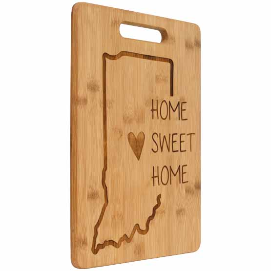 Custom Bamboo Cutting Board Laser Engraved With State Shape And Home Sweet Home Text Against White Background