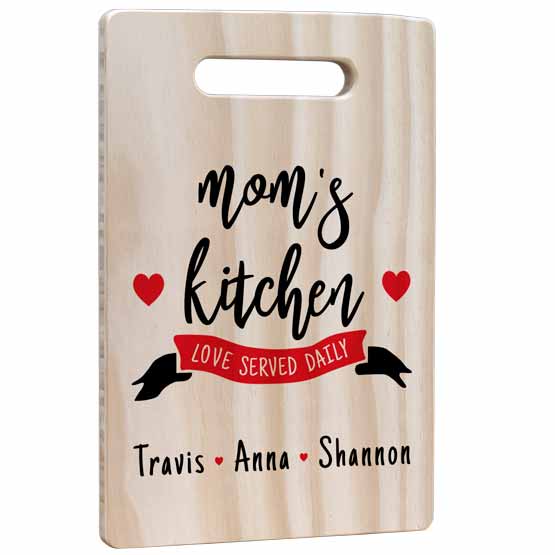 Custom Pine And Bamboo Cutting Board With Full Color Names And Mom’s Kitchen Art Against White Background