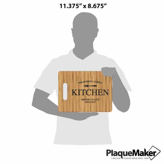 Size Guide With Blank Figure Holding Custom Bamboo Cutting Board Engraved With Fork Art And Family Name And Date 