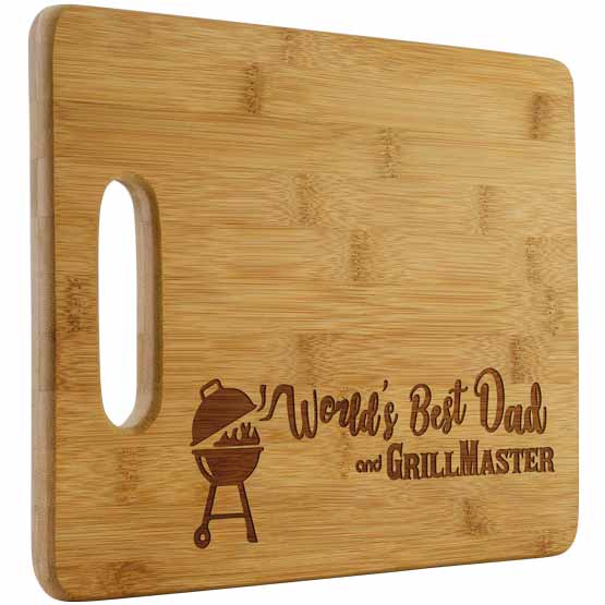 Custom Bamboo Cutting Board Engraved With Grill Artwork And World’s Best Dad And Grillmaster Text Against White Background