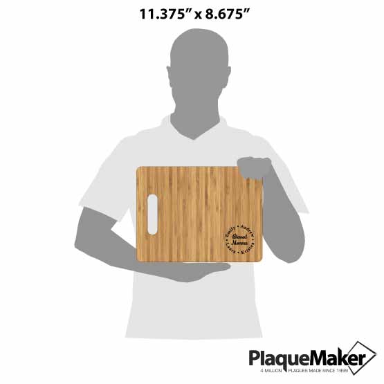 Size Guide With Blank Figure Holding Custom Bamboo Cutting Board With Rectangle Shape And Blessed Mama Text And Family Names