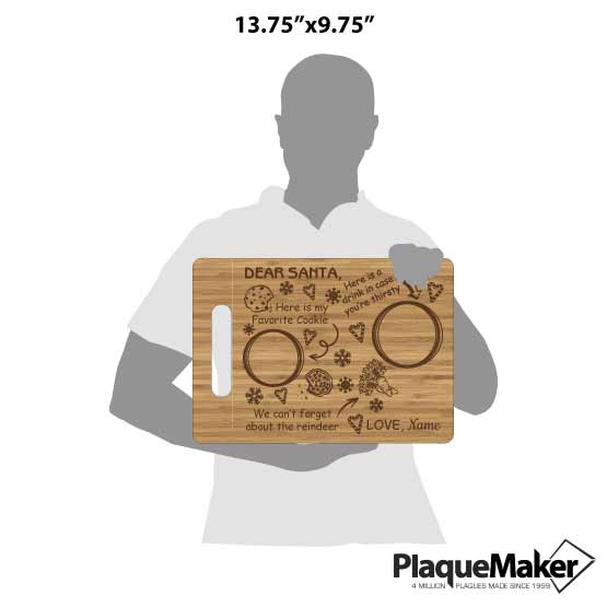 Size Guide With Blank Figure Holding Custom Bamboo Cutting Board With Festive Artwork And Dear Santa Message