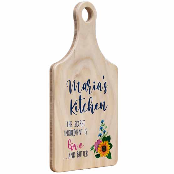 Custom Paddle Shaped Pine And Bamboo Cutting Board With Full Color Flower Art And Maria’s Kitchen Text In Portrait Layout