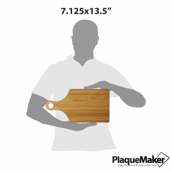 Size Guide With Blank Figure Holding Custom Paddle Shaped Bamboo Cutting Board Sideways Against A White Background