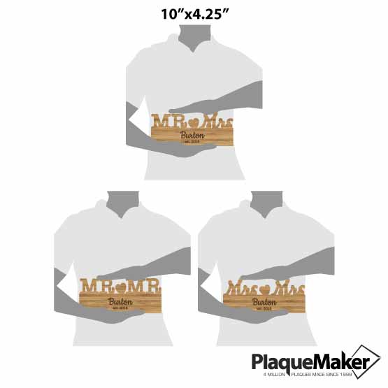Size Guide With Blank Figures Holding Three Sizes Of Custom Bamboo Sign With Mister And Missus Cutout And Family Name