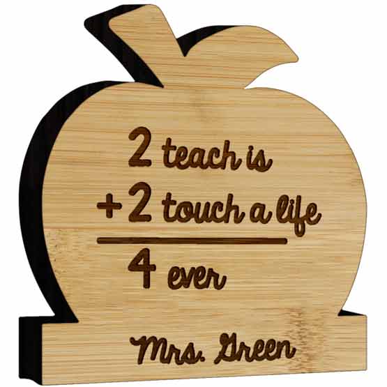 Custom Bamboo Wood Desk Name Plate With Apple Shape And Name And Teacher Appreciation Message With Cute Math