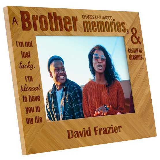 Custom Bamboo Picture Frame With Photo Of Happy Siblings Outdoors And Laser Engraved With Sweet Brother Appreciation Message