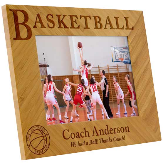 Custom Bamboo Picture Frame With Team Photo And Laser Engraved With Basketball Text Coach Name And Appreciation Message