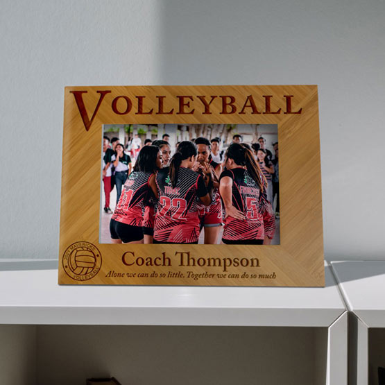 Custom Bamboo Picture Frame With Women Volleyball Team Photo And Coach Appreciation Message On White Shelf Indoors