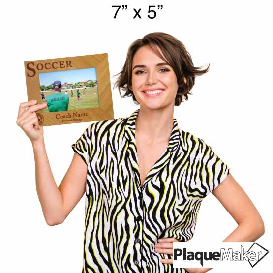 Size Guide With Woman Holding Coach Appreciation Bamboo Picture Frame With Soccer Engraving And Showing Customizable Areas