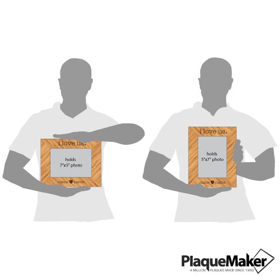Size Guide With Blank Figures Holding Two Sizes Of Custom Bamboo Picture Frame Laser Engraved With I Love Us Text